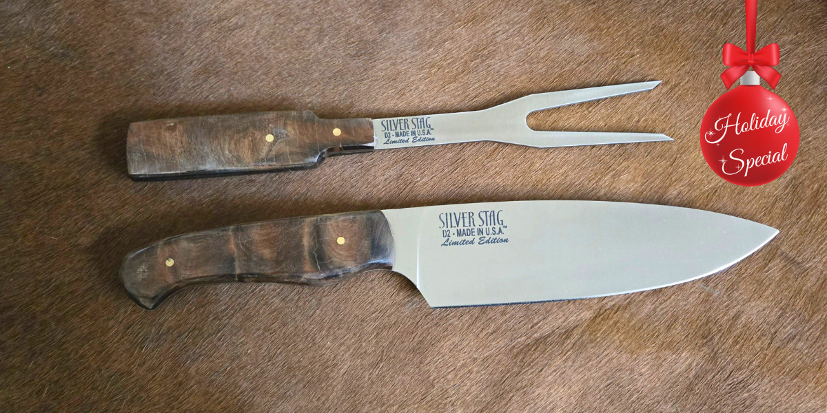 LIMITED EDITION SILVER STAG CHEF KNIFE / SERVING FORK SET / SPECIAL HOLIDAY PRICING!  FTCARV-SET-LE