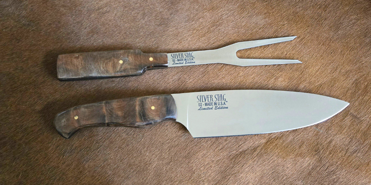 LIMITED EDITION SILVER STAG CHEF KNIFE / SERVING FORK SET / SPECIAL HOLIDAY PRICING!  FTCARV-SET-LE