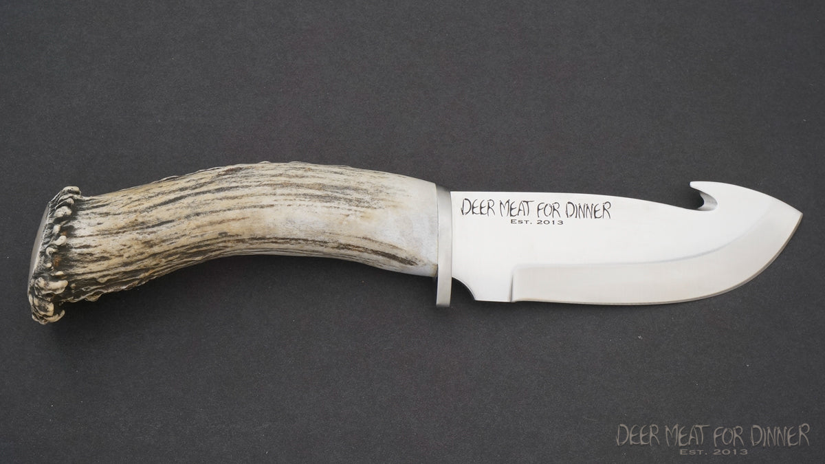 10 Damascus Gut Hook Hunting Skinner Knife With Antler Crown